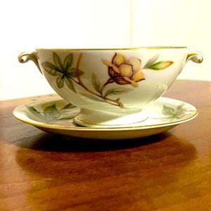 Vintage Meito Woodrose Serving Bowl and Saucer Fine Bone China Gilt Gold Ivory